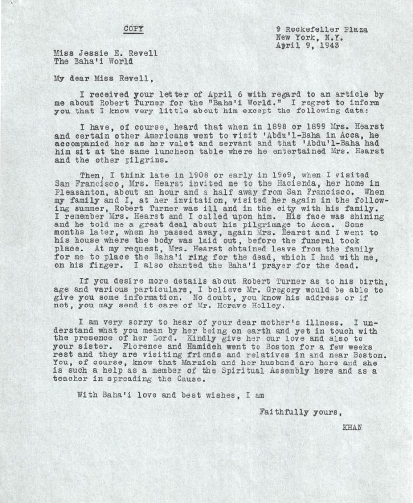 A letter about Robert Turner by Mirzá Ali-Kuli Khan.